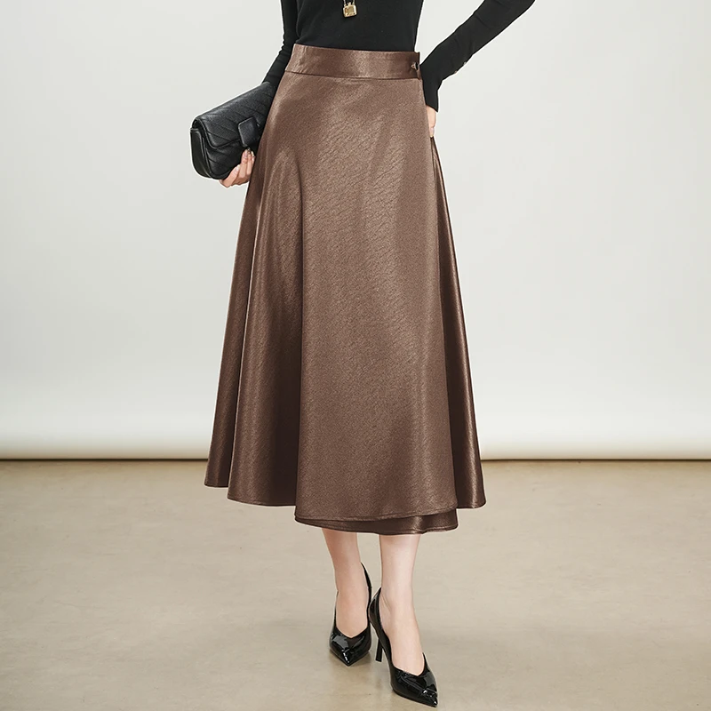 高档一片式醋酸半身裙女秋新款高腰垂感a字大摆裙中长款缎面裙子