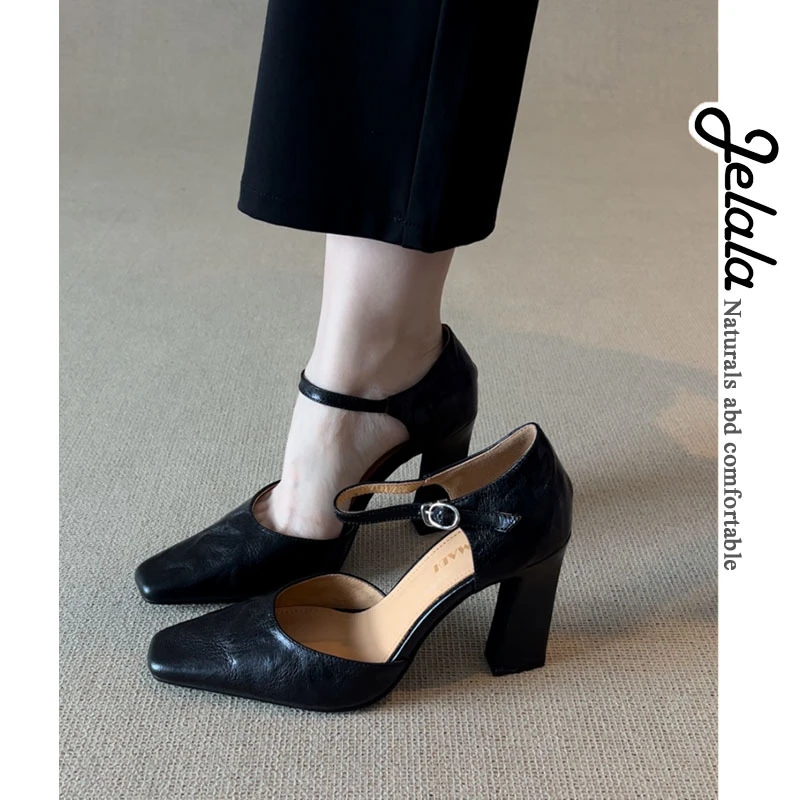 JELALA·复古方头粗跟单鞋女浅口玛丽珍鞋通勤黑色软底舒适百搭D89