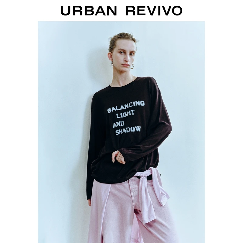 UR2026春季新款女装泽西风简约字母印花长袖T恤UWU450020