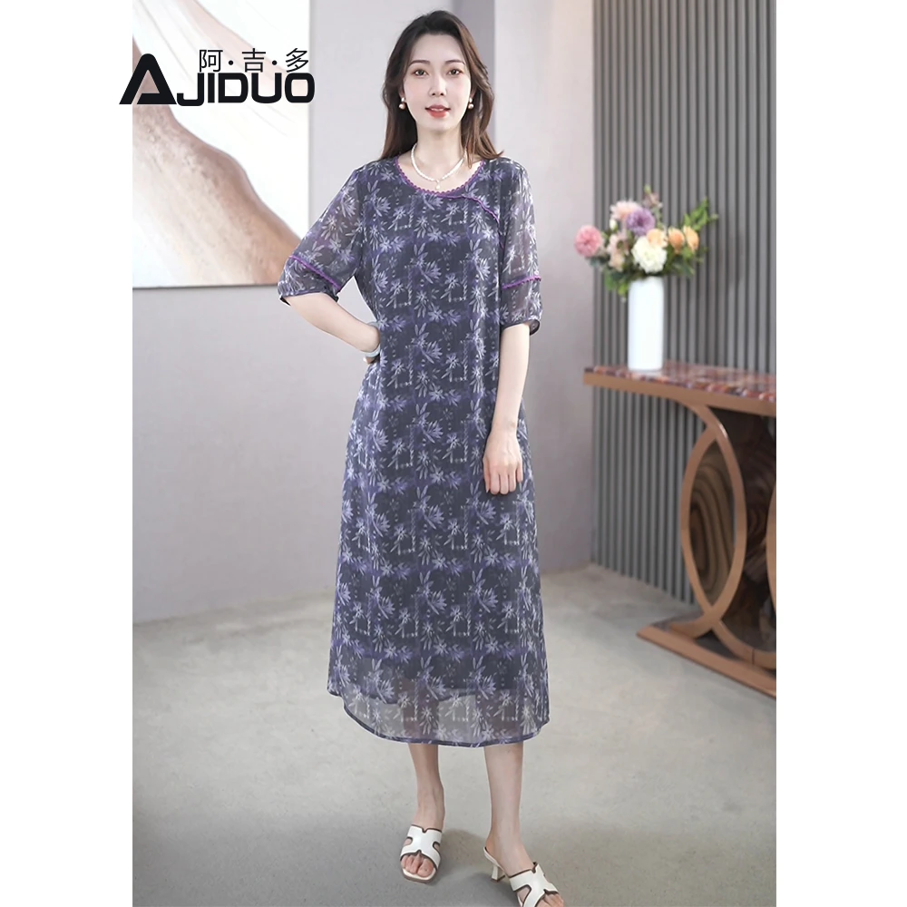 A31855大码直筒短袖碎花连衣裙2025夏季新款宽松改良新中式裙子