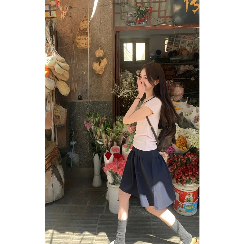 Peaceonesoul自制 日系学院风休闲半身裙女春夏高腰显瘦A字伞裙子