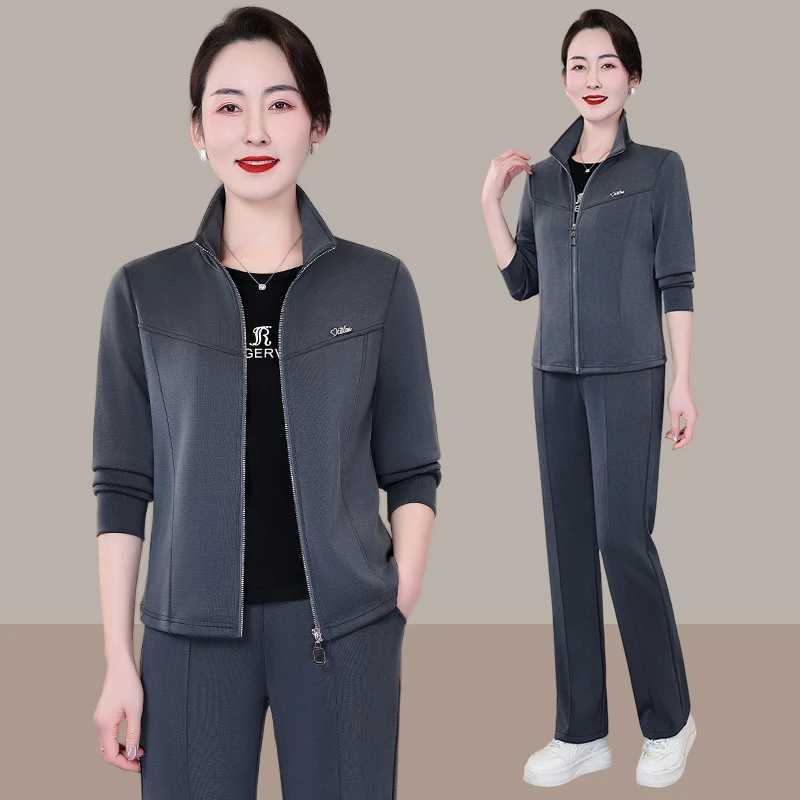 恩狐中年妈妈春装外套2025春季新款中老年运动服套装女春秋三件套