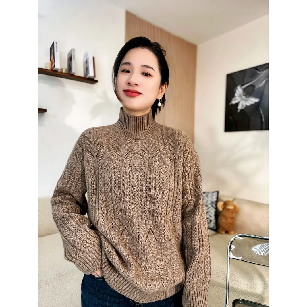 【一方惊艳】半高领加厚羊绒衫女秋冬潮牌时尚法式镂空绞花毛衣y38