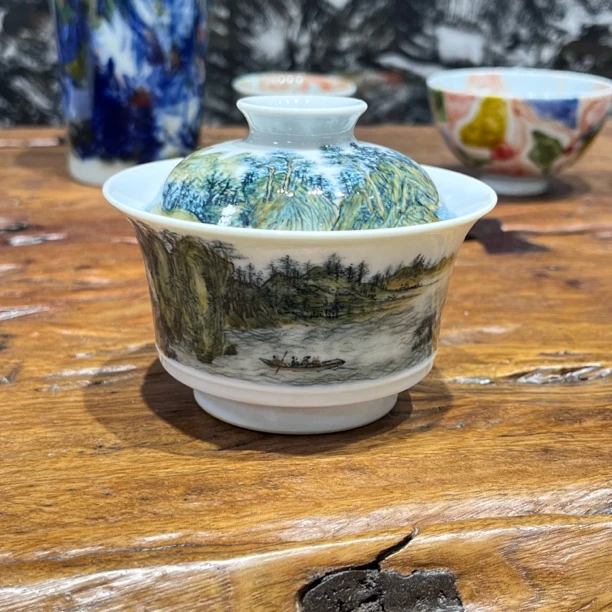 柴窑火映人赤壁图釉下五彩青绿山水盖碗130cc