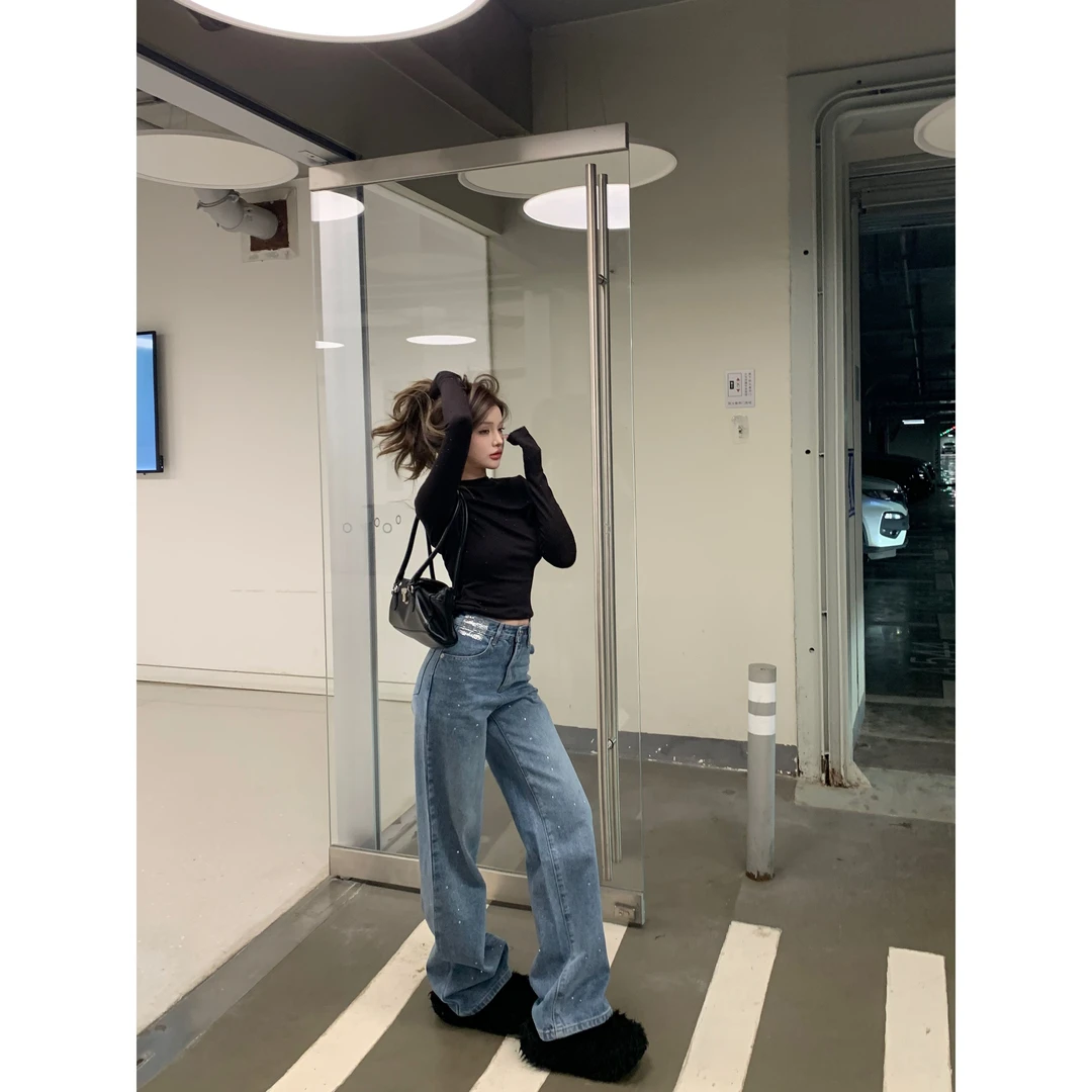 希妮丝 辣妹套装痞帅炸街风女装长袖修身打底T恤高腰显瘦牛仔长裤