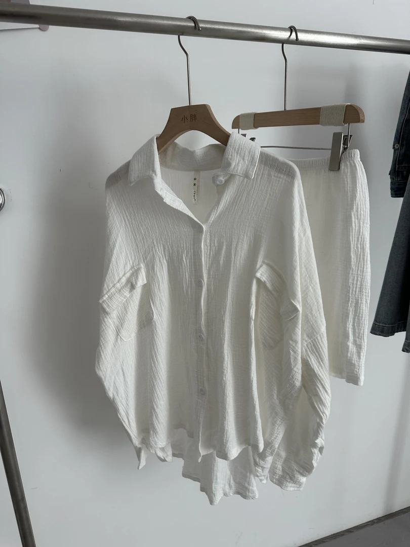 【小胖家】1918简约薄款长袖睡衣短裤两件套