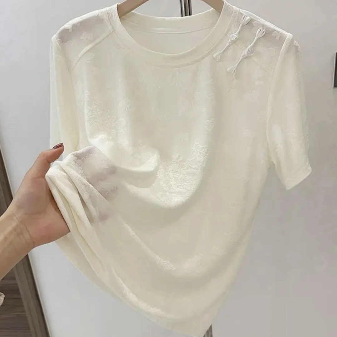 【星月】夏季新款宽松中式织花半袖T恤百搭圆领