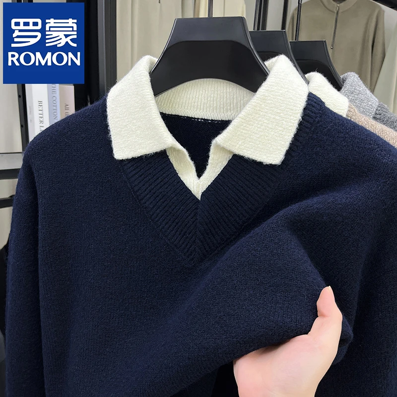 罗蒙【含羊毛】老钱风假两件针织衫男士秋冬款潮牌高级感毛衣打底衫