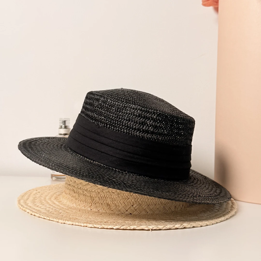 棕丝草帽平顶礼帽女文艺防晒沙滩帽黑色渔夫帽草编优雅男女可戴