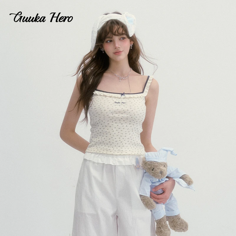 GUUKA HERO木耳边碎花吊带背心甜辣蝴蝶结修身显瘦短款上衣B6631