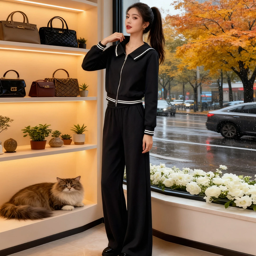 欧洲站时尚气质减龄套装女秋季新款娃娃领双头拉链上衣长裤两件套