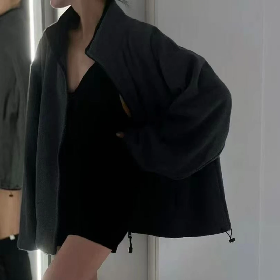 女纯色极简风立领秋季免烫短外套休闲黑色长袖ins