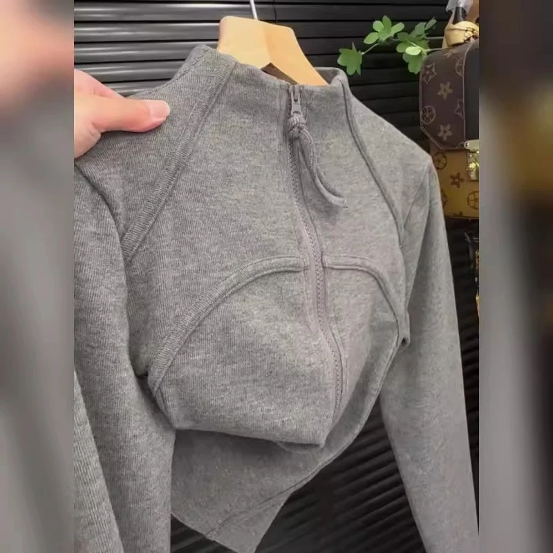 Bonrgo2025秋季新款时尚灰色鱼骨拼接拉链立领修身T恤瑜伽服女装