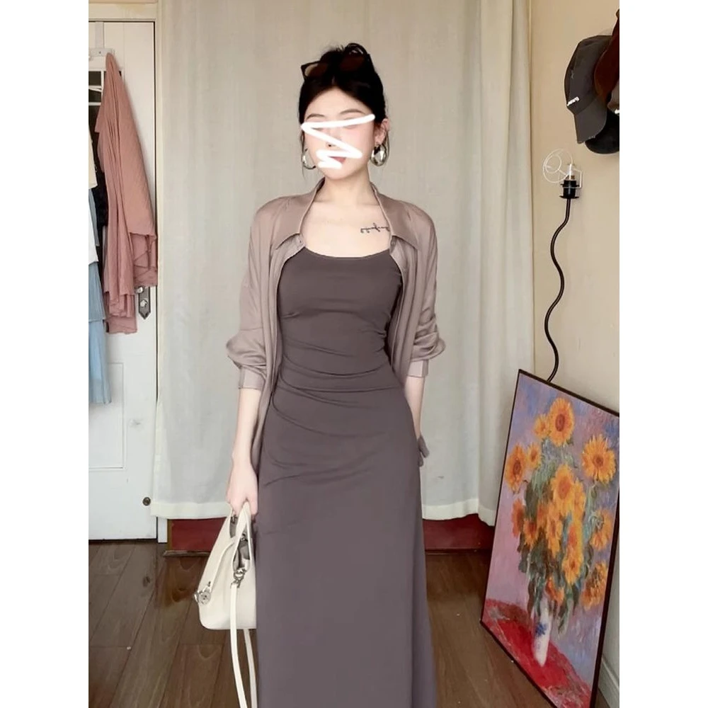 哥弟阿玛施正品夏季显瘦洋气衣服女法式灰色吊带连衣裙子2025新款