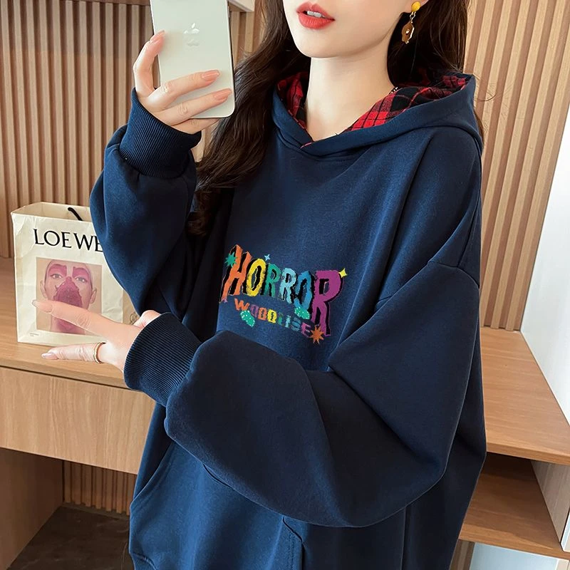 格子连帽慵懒风百搭卫衣外套春秋印花中长款宽松长袖设计感潮ins