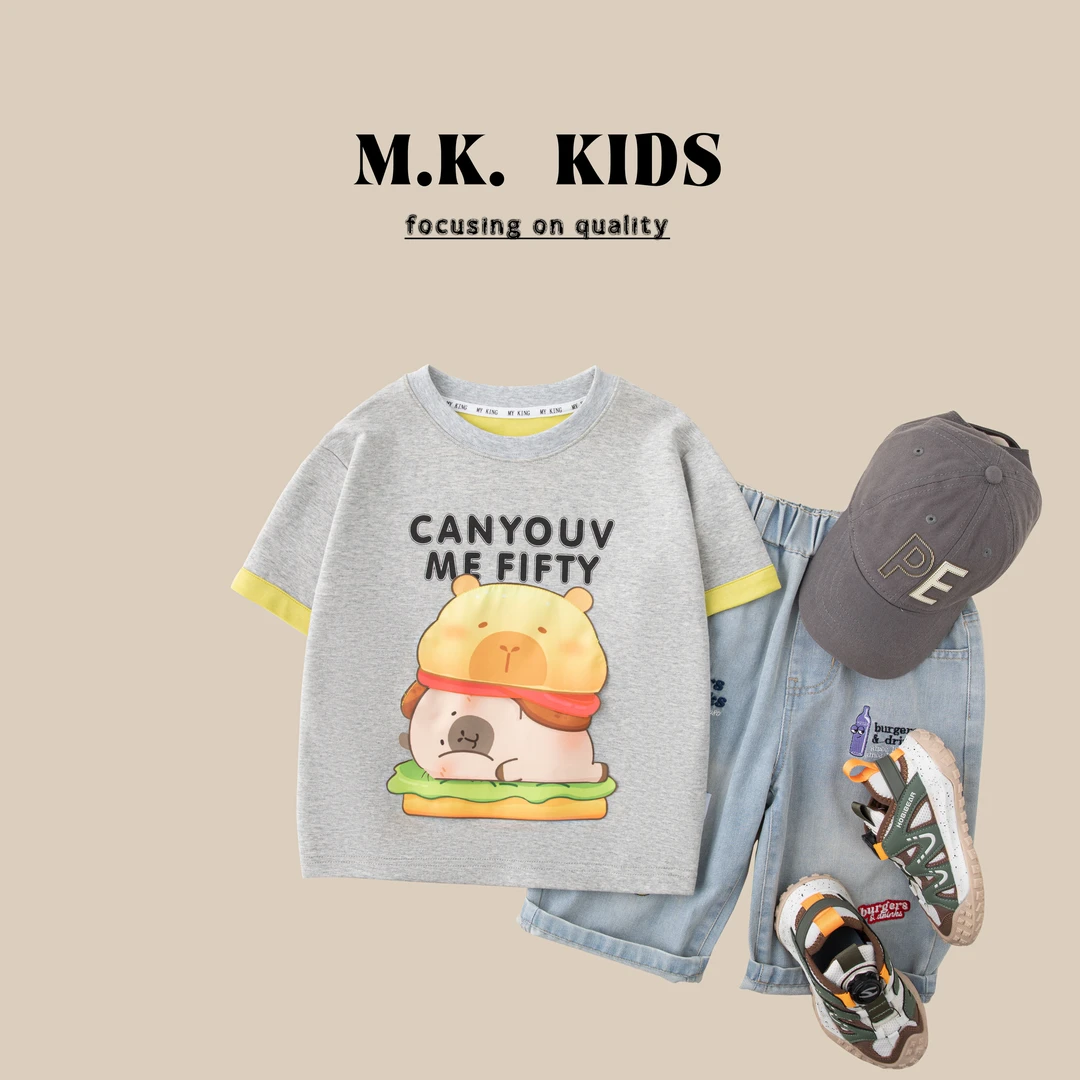 现货双色双纱儿童夏款T恤2025新款男童卡通上衣XA8352华子童装