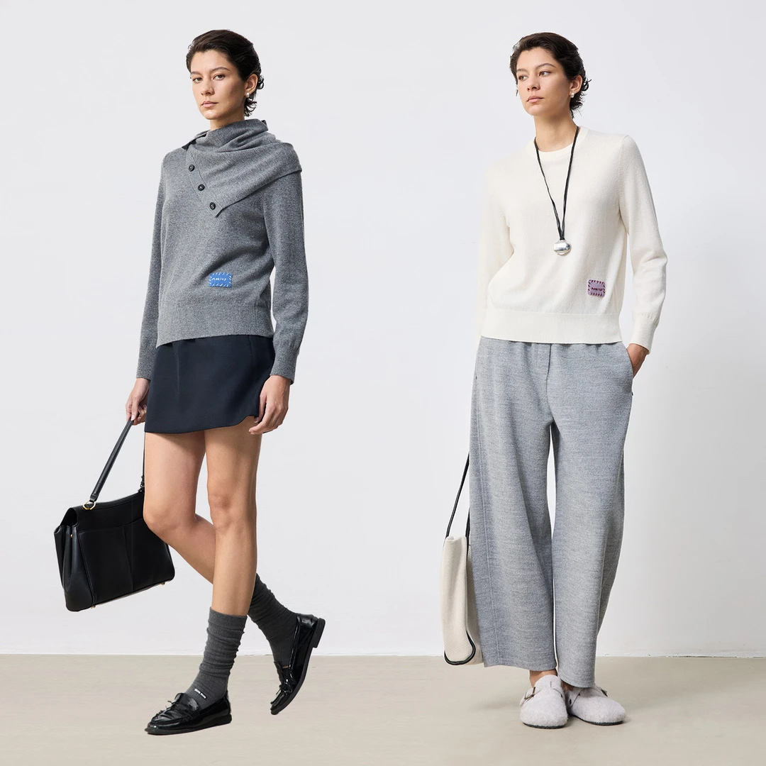 MARIUS"邮票衫"混纺极简佰搭圆领直身针织长袖套衫