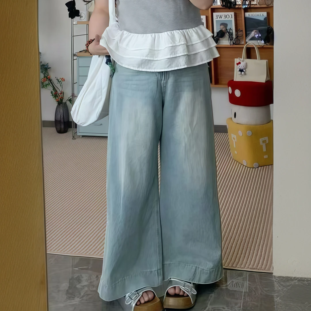 【鱼白】【运补3元】韩系休闲水洗牛仔裤子大码宽松直筒基础款女浅蓝