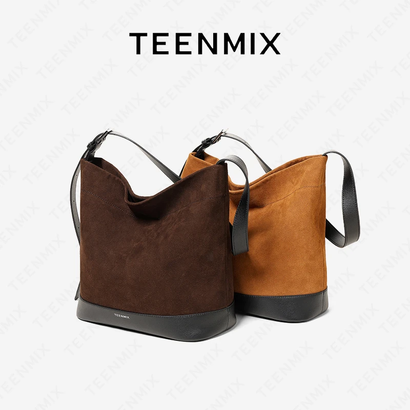 天美意2025新款流光风高级感牛皮水桶包轻奢托特包单肩百搭斜挎包