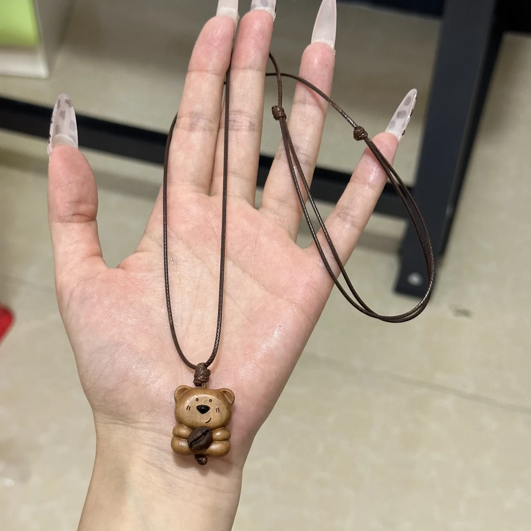 天然桃木咖啡豆小熊项链