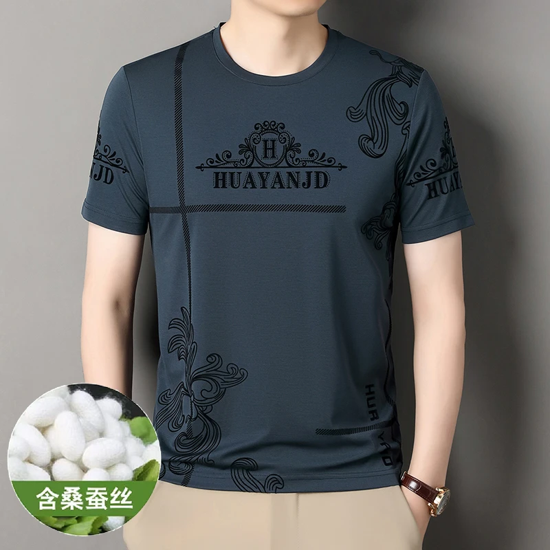 老爷车夏季新款男士桑蚕丝短袖圆领休闲半袖T恤中年植绒印花时尚