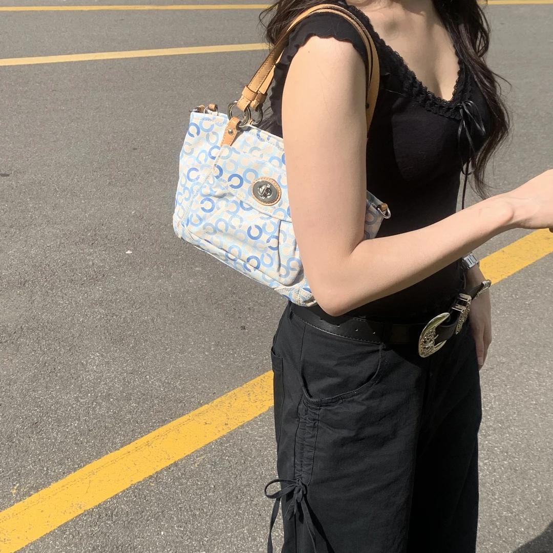 95新 COACH/蔻驰 coach浅蓝色老花帆布拼皮托特单肩腋下包hd