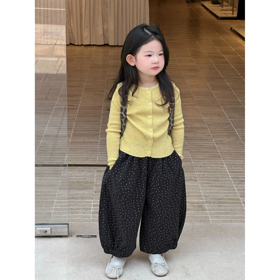 小粉象 ·女童2025秋季新款韩版针织开衫洋气波点灯笼裤套装