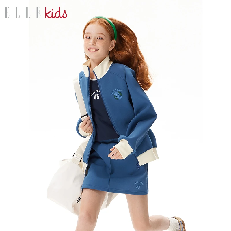ELLEkids童装绣花拉链卫衣开衫半身裙套装女童都市运动休闲春装C3