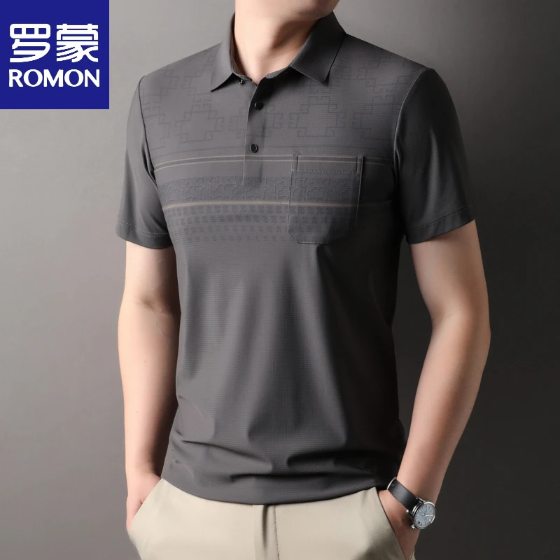 【冰丝高弹】罗蒙男商务短袖Polo衫2025夏季薄款爸爸装印花T恤衫