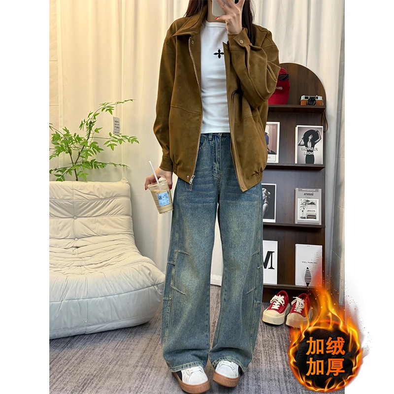 2025秋冬新款加绒加厚弯刀牛仔裤男女同款美式高街潮流宽松阔腿裤