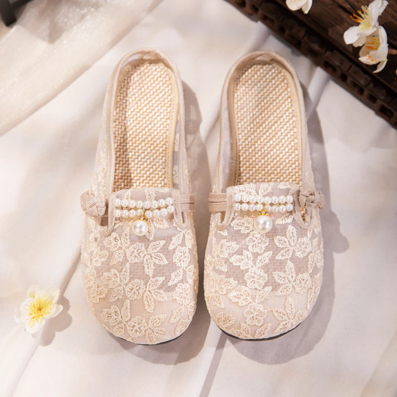 现货溪允网纱拖2025夏季新款复古包头平底网纱绣花拖鞋