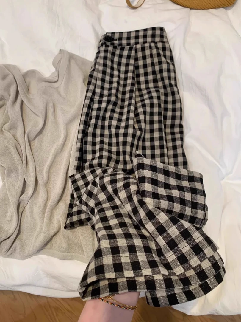 亚麻格子裤女夏薄款大码胖mm慵懒松弛感宽松显瘦小个子棉麻阔腿裤