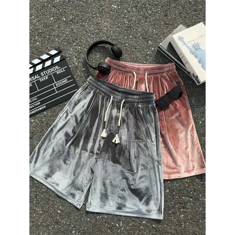 金丝绒凉感短裤男夏季薄款高级感垂感痞帅五分裤宽松休闲运动中裤