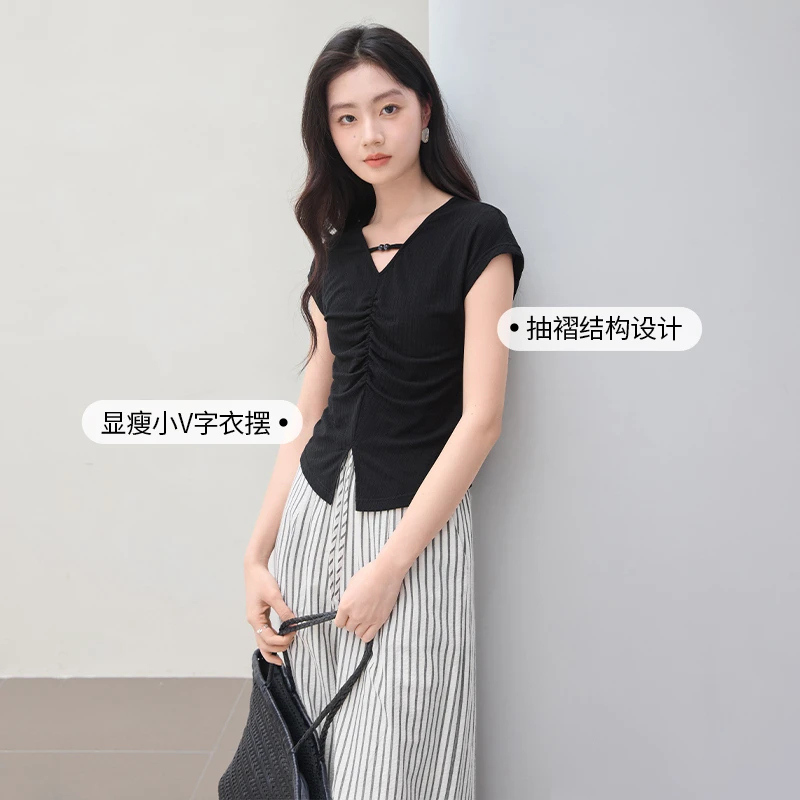 【绿子粉丝】T85S281 T恤 香影v领短袖女夏季新款小飞袖气质法式