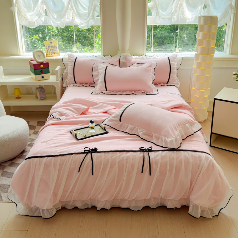 床上新款夏被纯色夏凉被订做韩版花边空调被机洗公主风四件套苏