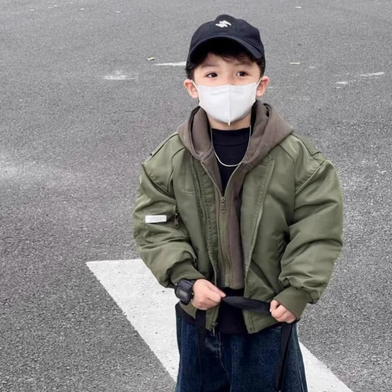 男童冬季加厚外套2025冬款洋气连帽棉服加棉棒球服宝宝假男童外套