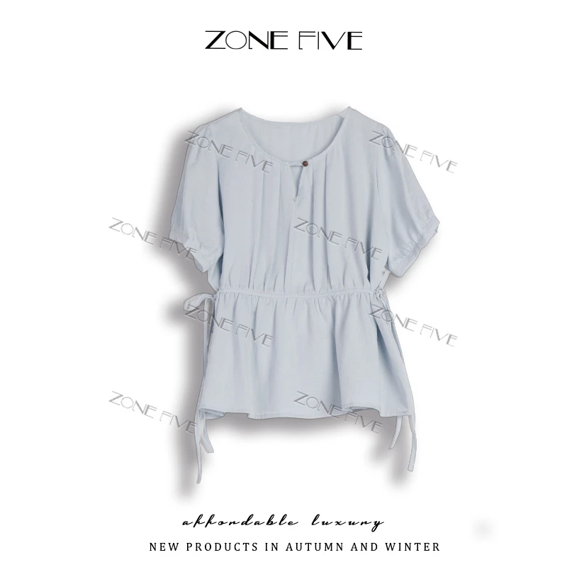 【zonefive】超好看洋气减龄泡泡袖短袖衬衫夏季独特设计感褶皱上衣