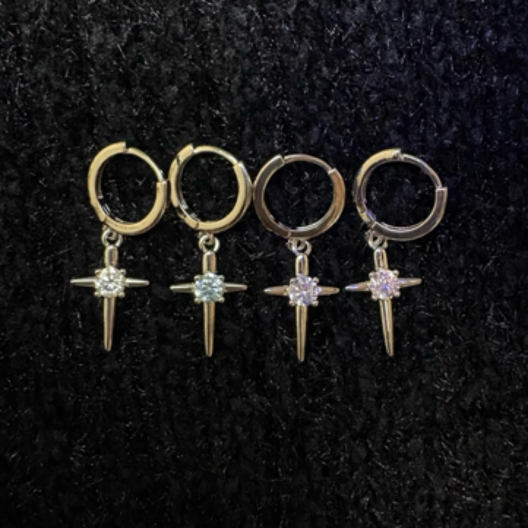 铜合金锆石耳饰 爆闪不对称锆石十字架铜合金耳饰时尚小众设计感