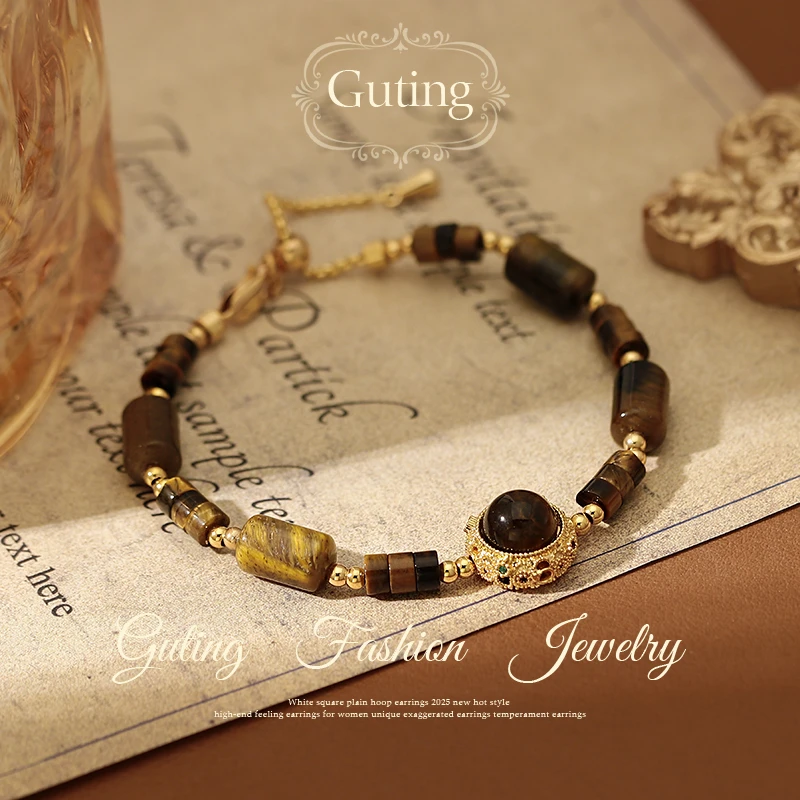 铜合金合成锆石手链 2699复古咖色几何串珠手链女2025新款手串