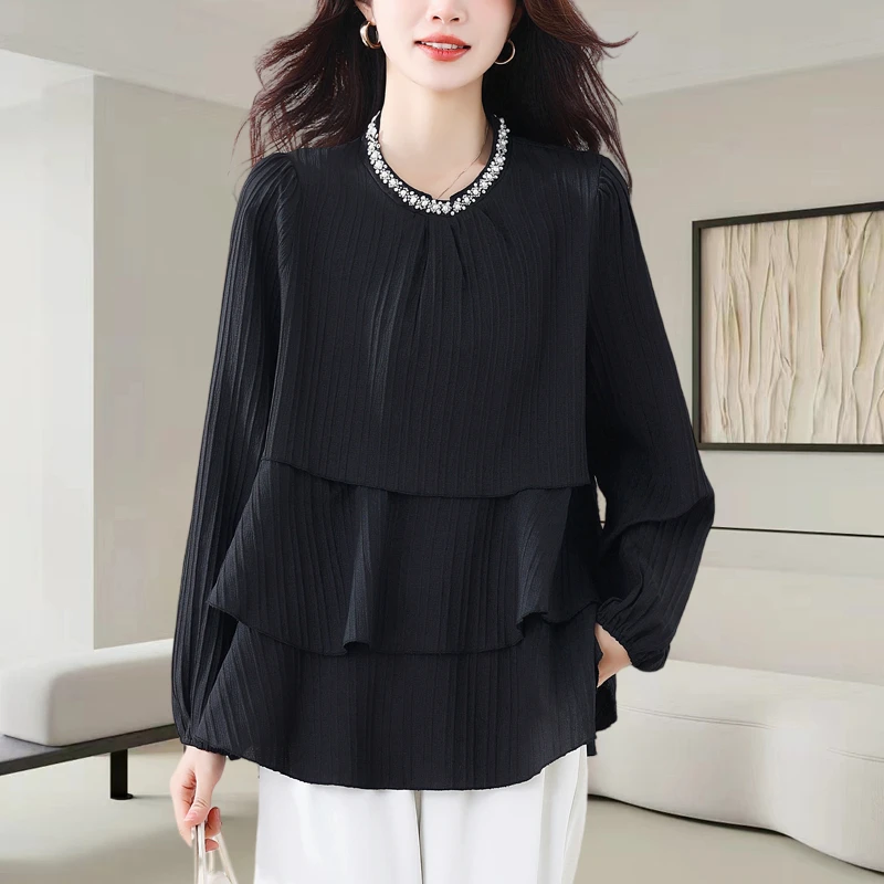 别致刺绣长袖雪纺衫2025秋季新款大码女装胖mm宽松遮肚子衬衫上衣