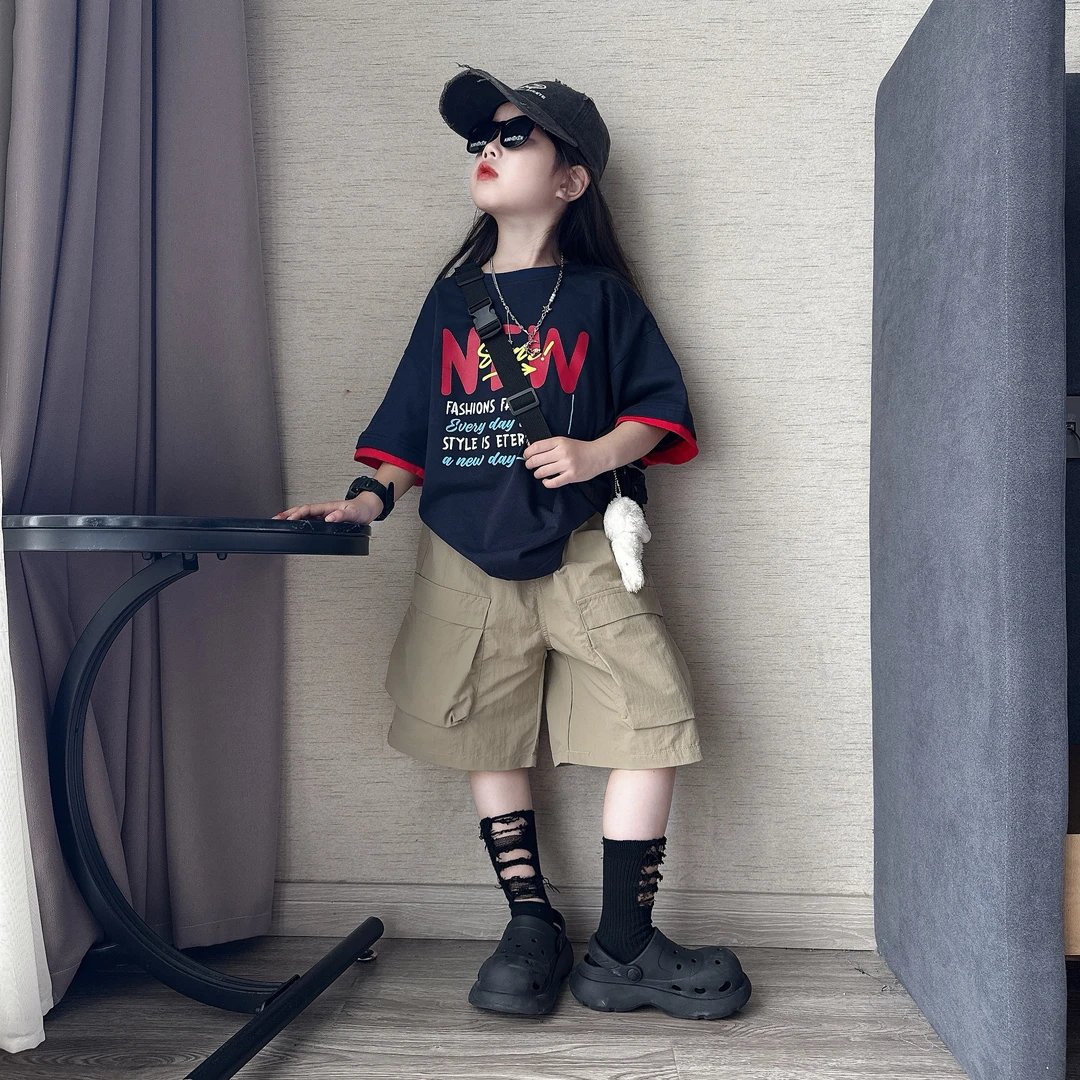 男女童夏季休闲宽松速干工装中裤中大童大版百搭T恤潮