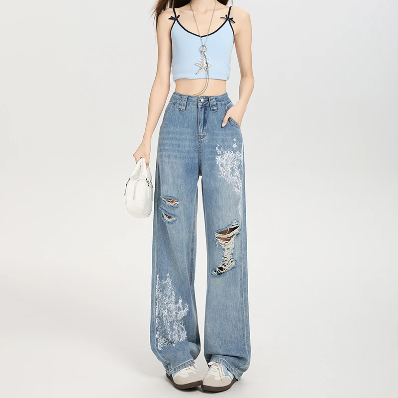 设计感印花破洞窄版阔腿牛仔裤女2025夏季薄款高腰直筒显瘦拖地裤