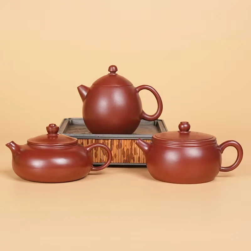 【闪购商品】三把全给扁汉瓦龙蛋寒江朱泥紫砂壶C0033