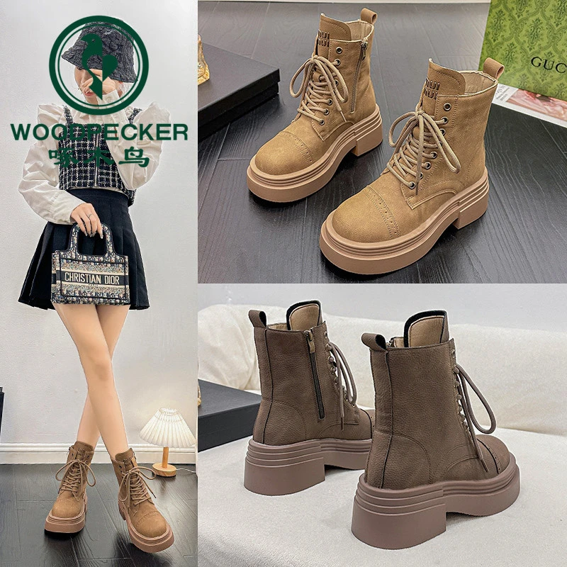 啄木鸟内增高大黄靴女小个子2025春秋新款短靴厚底百搭复古马丁靴