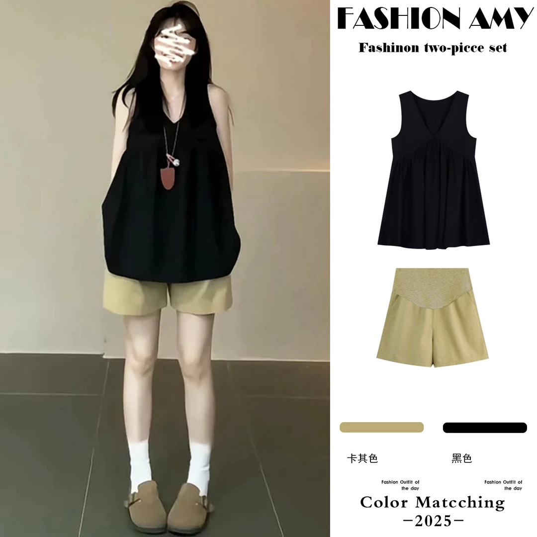 孕妇套装夏装新款时尚韩版气质甜美设计感V领显瘦上衣休闲短裤子1