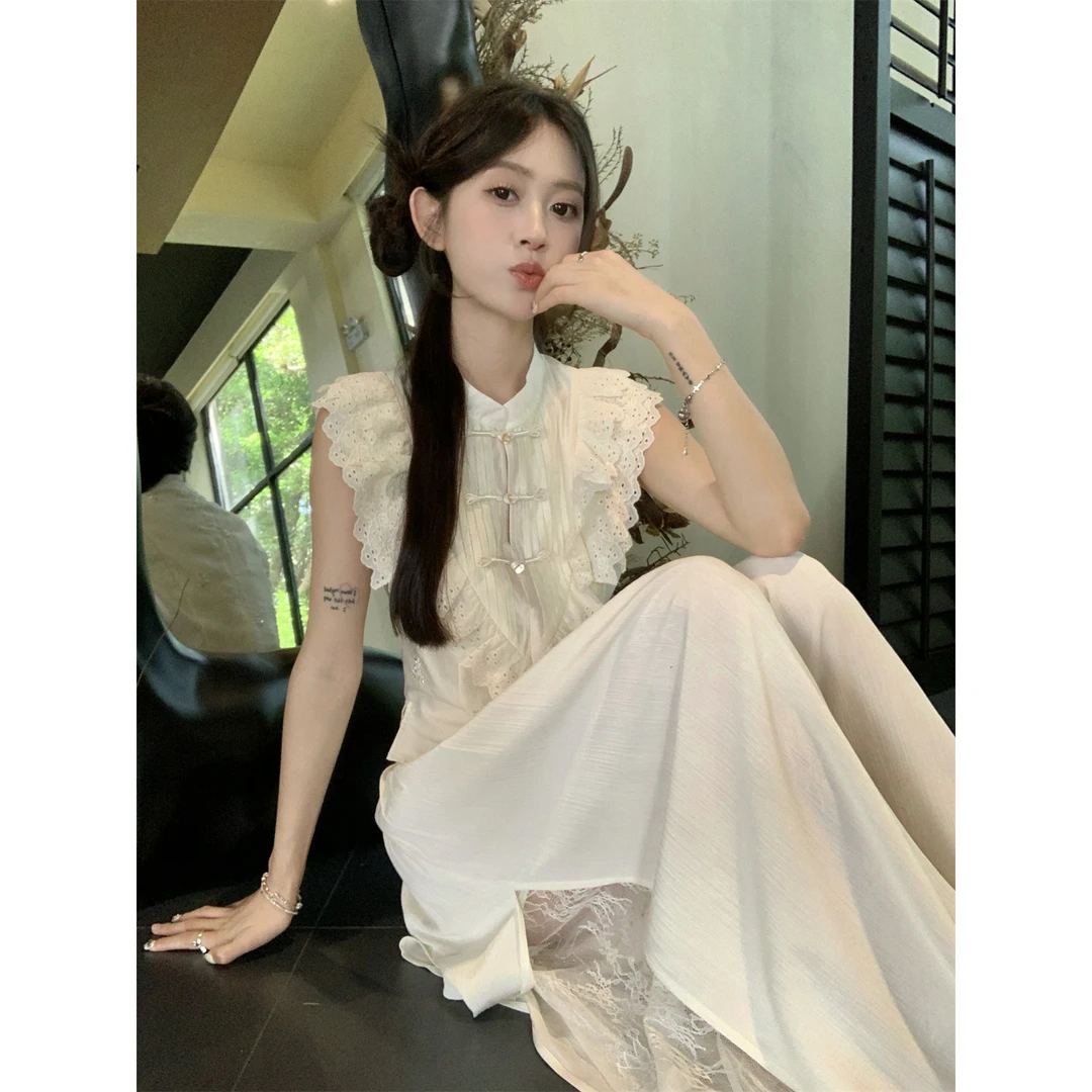 新中式国风套装盘扣刺绣蕾丝上衣女法式开叉阔裤长裤气质两件套夏