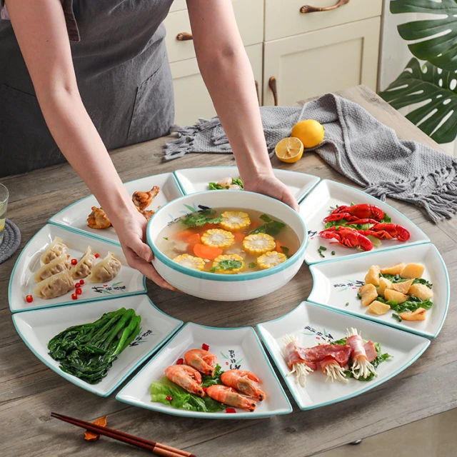 陶瓷餐盘家用分格圆桌摆盘扇形菜盘餐具网红拼盘创意套装组合盘子