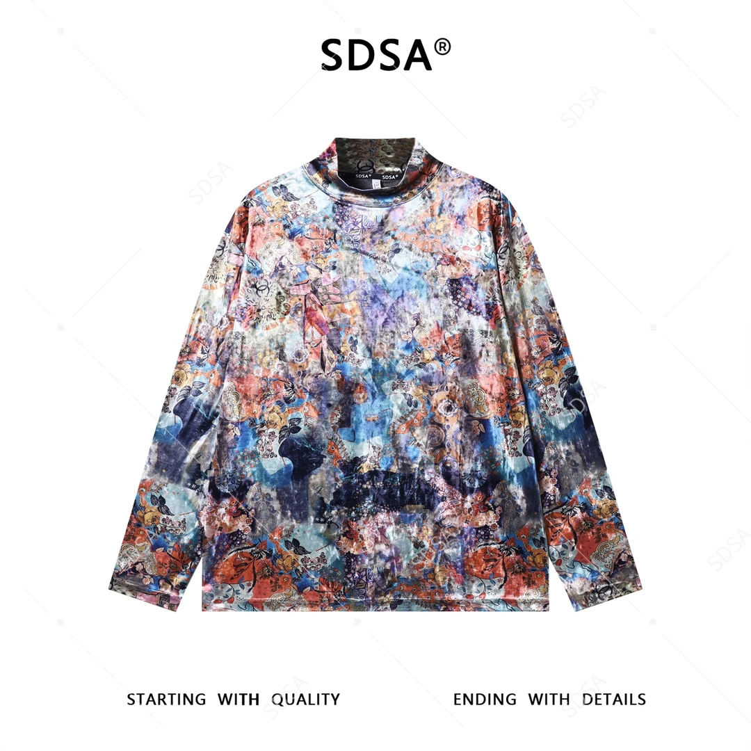 SDSA秋冬新款痞帅男装潮牌国潮晕染半高领长袖T恤简约百搭上衣