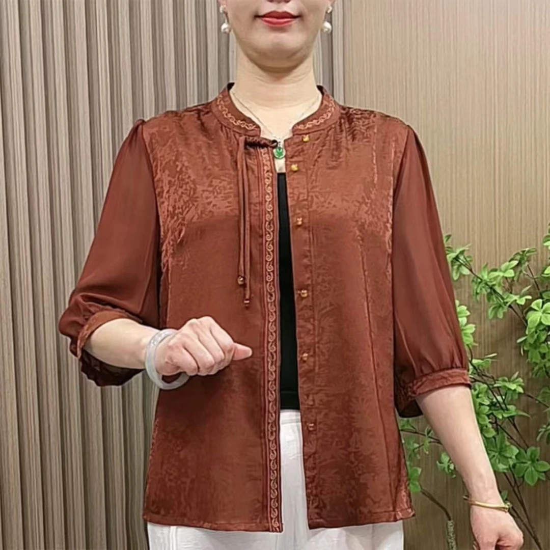 8578妈妈春夏装刺绣开衫衬衫中老年女装大码宽松气质纯色衬衫