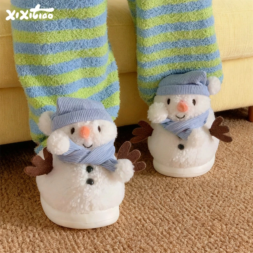 细细条 冬季趣味雪人棉拖鞋女保暖氛围感家用百搭防滑包头毛毛鞋